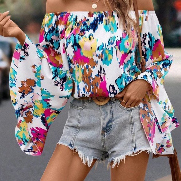 Tie Dye Print Off Shoulder Flounce Sleeve Blouse - Picture 3 of 5
